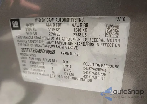 2011 GMC Terrain Sle-2 from USA, damaged, VIN 2CTFLTEC4B6310639